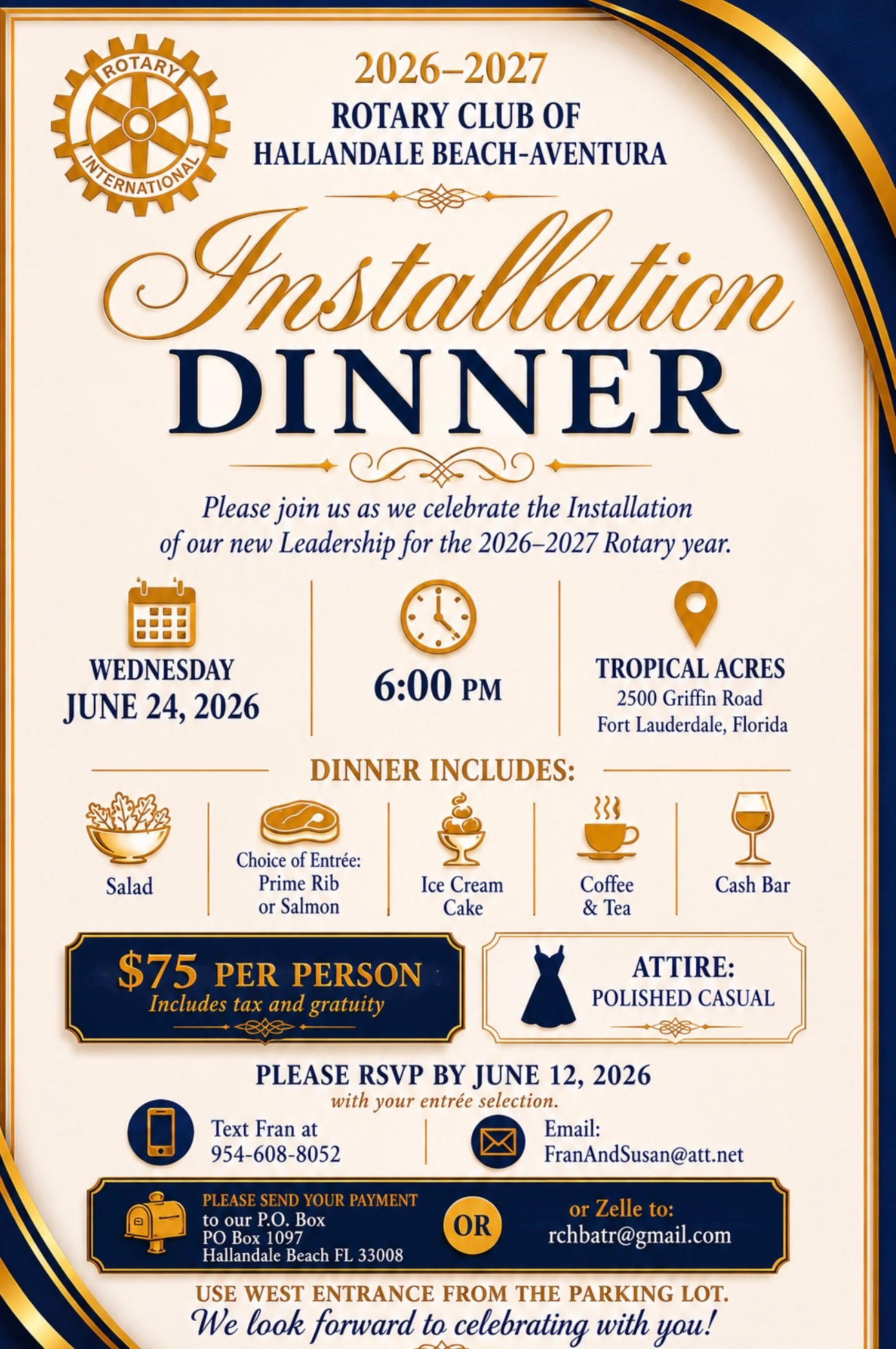 Installation Dinner: Wed., Jun 24, @ 6:00 pm